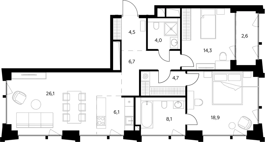 Планировка: Евротрёшка 93,4 м² в ЖК «Монблан»