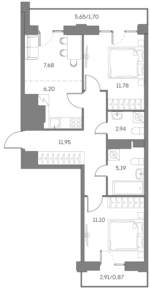 Планировка: Евротрёшка 56,8 м² в ЖК «Аквилон БИСАЙД 2.0»