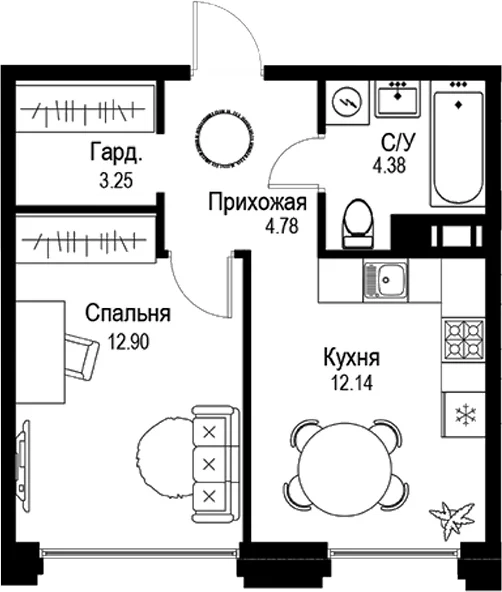 Планировка: 1-комнатная квартира 37,5 м² в ЖК «ID Petrogradskaya»