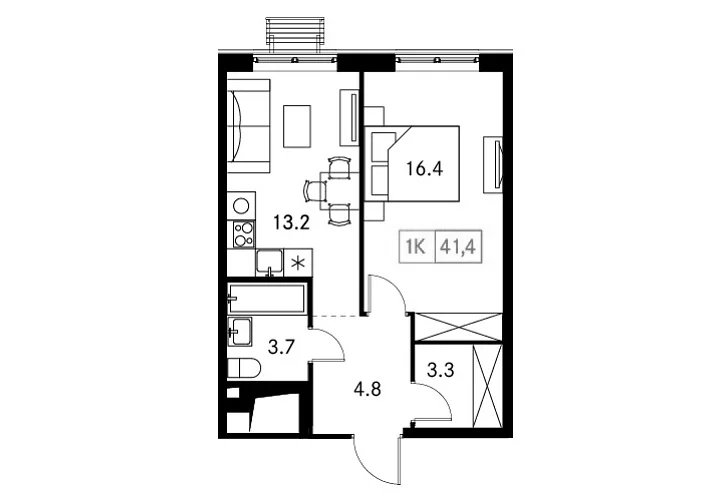 Планировка: 1-комнатная квартира 41,4 м² в ЖК «Новый Зеленоград»