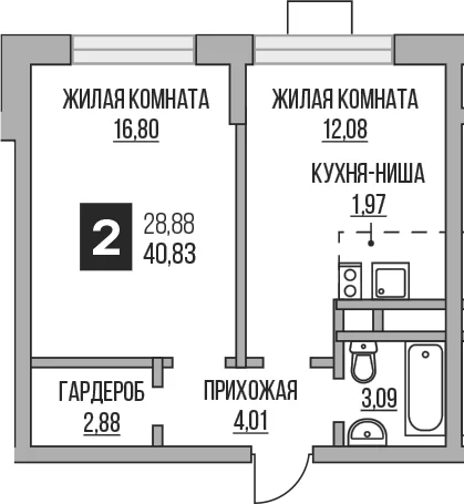 Планировка: Евродвушка 40,8 м² в ЖК «Гранель Пехра»