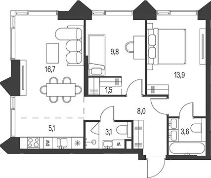Планировка: Евротрёшка 61,7 м² в ЖК «Моментс»
