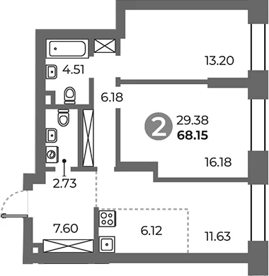 Планировка: 2-комнатная квартира 68,2 м² в ЖК «Павелецкая от Гранель»
