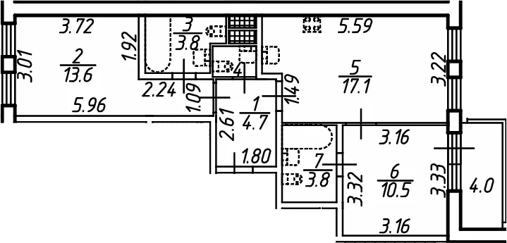 Планировка: Евротрёшка 54,9 м² в ЖК «Аэросити Клаб»