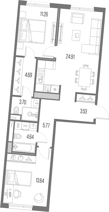 Планировка: Евротрёшка 72,1 м² в ЖК «Легенда Васильевского»