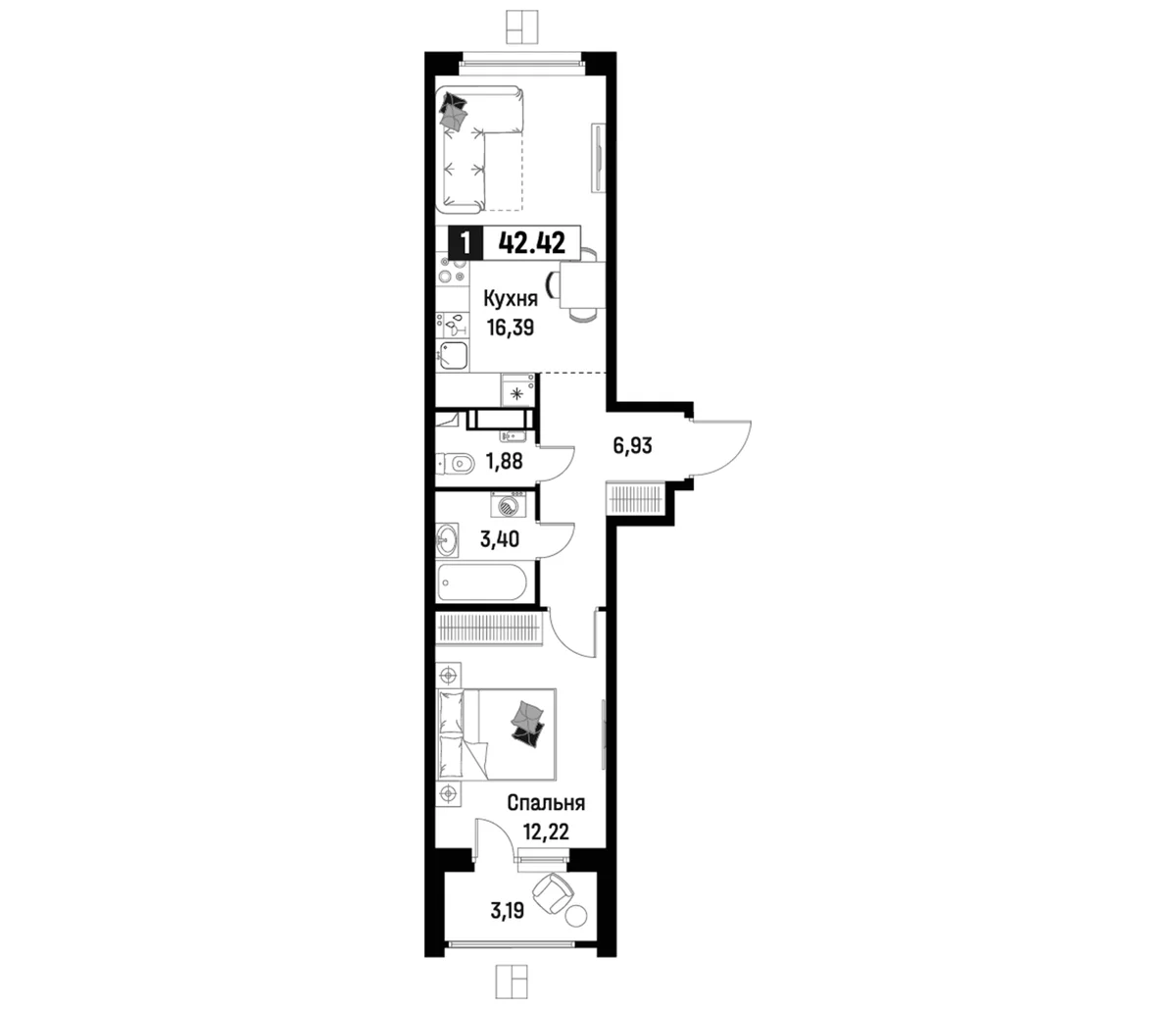 Планировка: Евродвушка 40,8 м² в ЖК «Максималист»