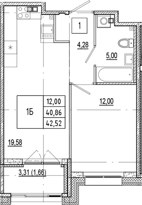 Планировка: Евродвушка 40,9 м² в ЖК «Ranta Residence»