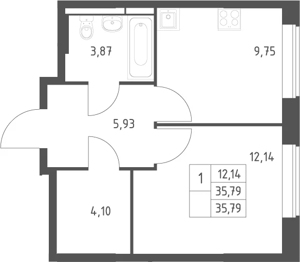 Планировка: 1-комнатная квартира 35,8 м² в ЖК «Большое Юрлово»