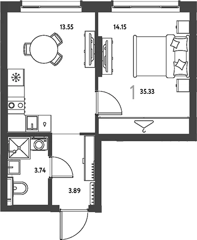 Планировка: 1-комнатная квартира 35,3 м² в ЖК «Страна.Парковая»