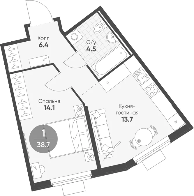 Планировка: 1-комнатная квартира 38,7 м² в ЖК «Ягодное Река Парк»