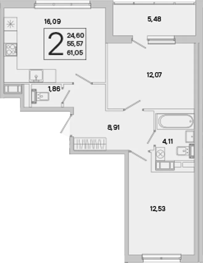 Планировка: 2-комнатная квартира 55,6 м² в ЖК «ЮгТаун. Олимпийские кварталы»