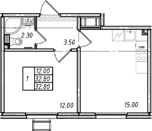 Планировка: 1-комнатная квартира 32,8 м² в ЖК «Ржевский парк»