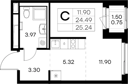 Планировка: Студия 24,5 м² в ЖК «Новоселье»