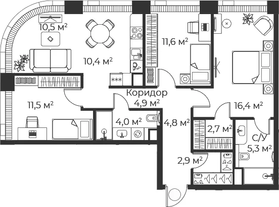 Планировка: Квартира евро-4 84,7 м² в ЖК «Веер»