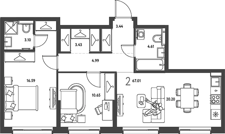 Планировка: 2-комнатная квартира 67 м² в ЖК «Страна.Парковая»