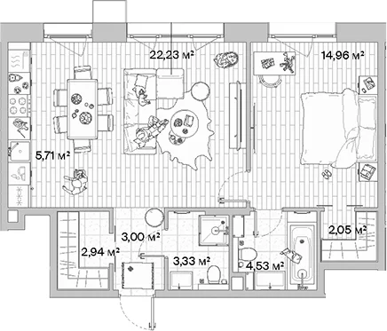 Планировка: Евродвушка 58,8 м² в ЖК «МЫС»