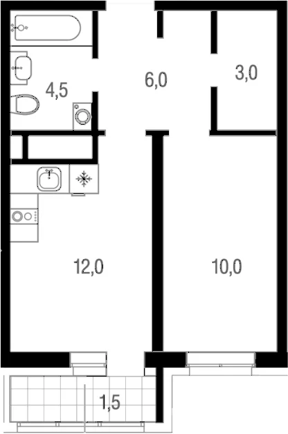 Планировка: 1-комнатная квартира 35,5 м² в ЖК «Котельники парк»