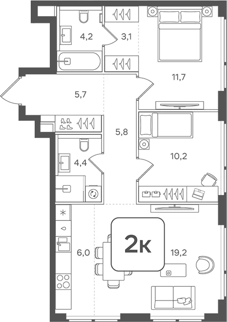 Планировка: Евротрёшка 70,3 м² в ЖК «НАЗАРЕ»