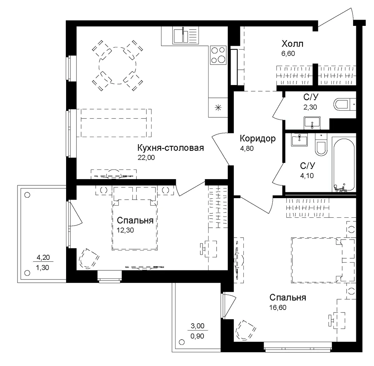 Планировка: 2-комнатная квартира 68,7 м² в ЖК «Эко квартал Новая Дубровка»