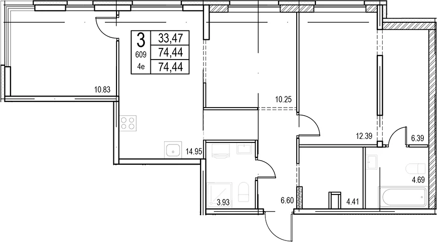 Планировка: Квартира евро-4 74,4 м² в ЖК «ID Murino III»