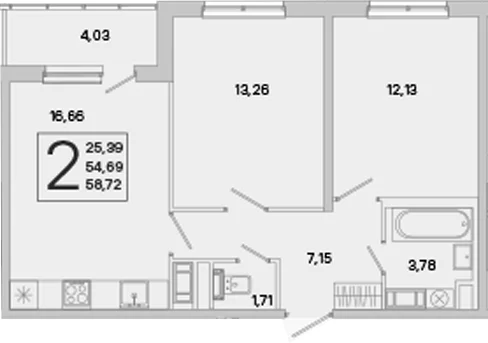 Планировка: Евротрёшка 54,7 м² в ЖК «ЮгТаун. Олимпийские кварталы»