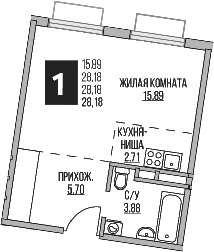 Планировка: Студия 28,2 м² в ЖК «Гранель Аникеевский»