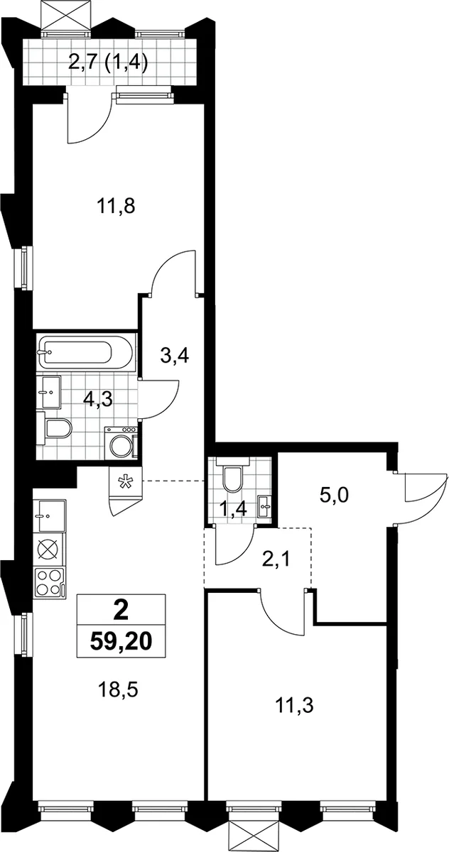 Планировка: Евротрёшка 57,8 м² в ЖК «Деснаречье»