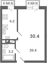 Планировка: 1-комнатная квартира 29,8 м² в ЖК «Южная Долина»