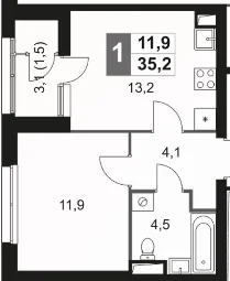 Планировка: 1-комнатная квартира 33,7 м² в ЖК «Скай Гарден»