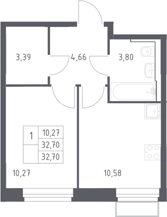 Планировка: 1-комнатная квартира 32,7 м² в ЖК «Квартал Строгино»