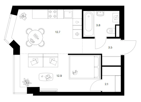 Планировка: 1-комнатная квартира 35 м² в ЖК «Мичуринский парк»