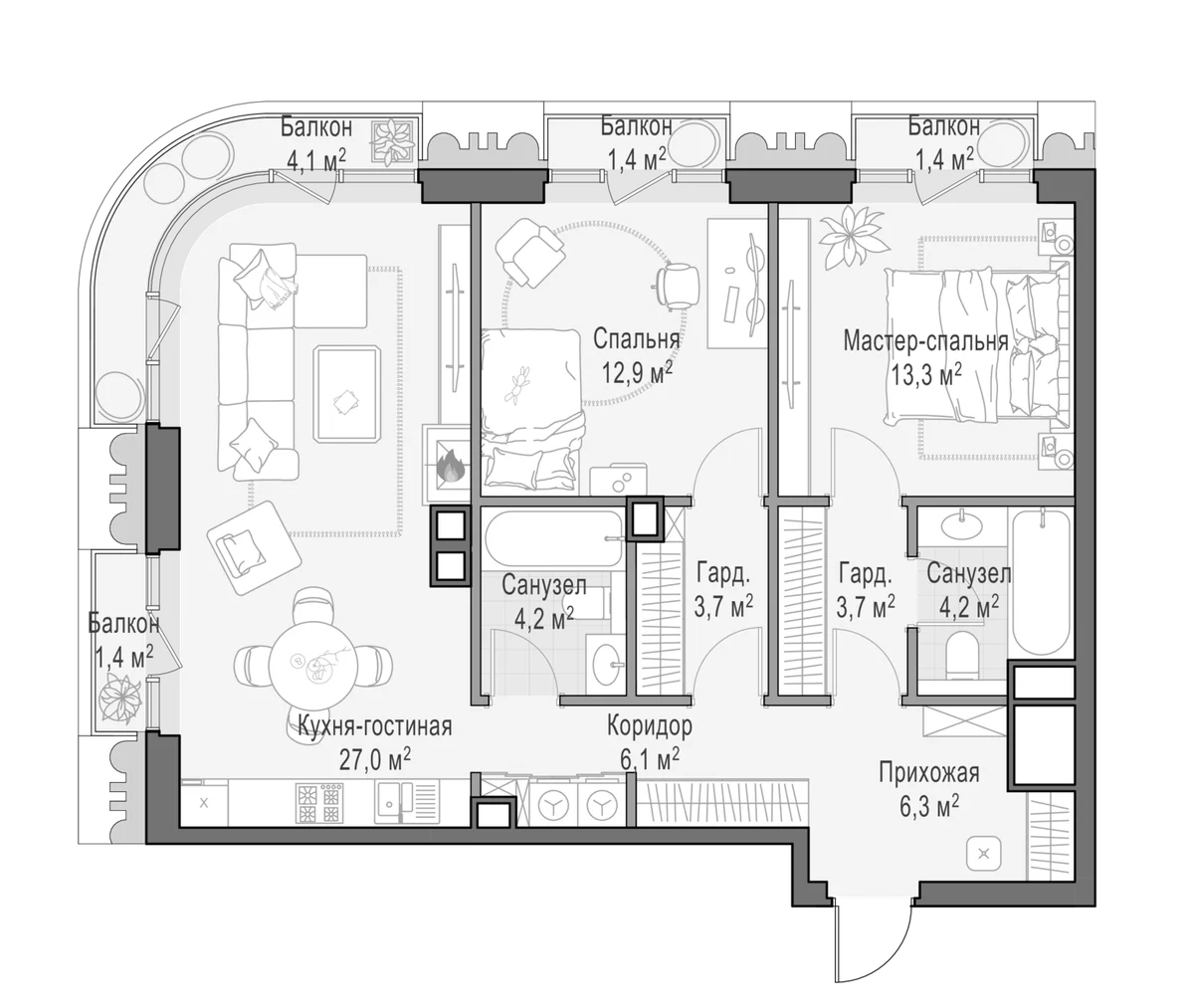 Планировка: Евротрёшка 81,2 м² в ЖК «Квартал Тишинский бульвар»