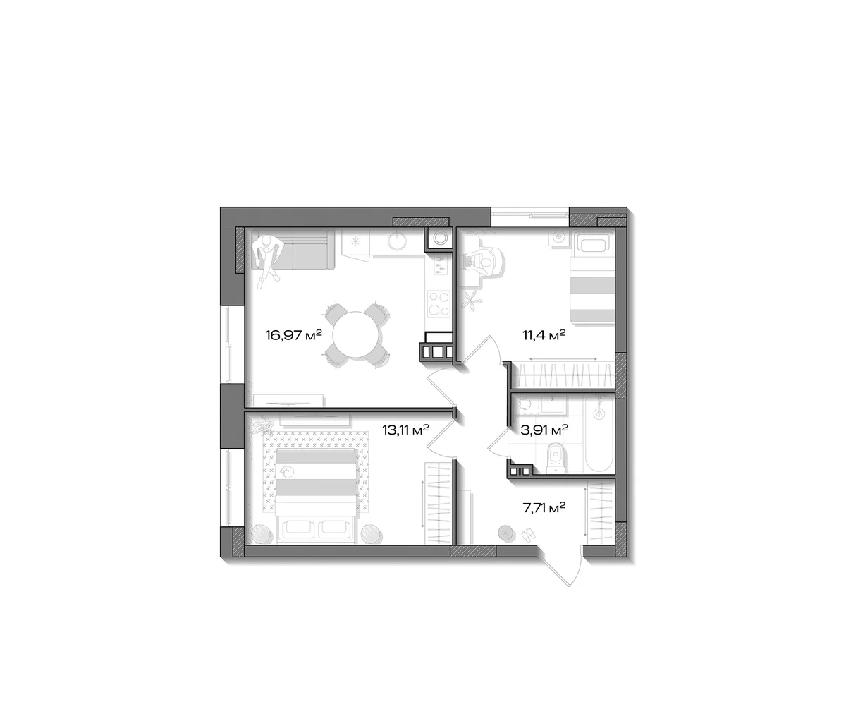 Планировка: Евротрёшка 53,1 м² в ЖК «Аксиома.Возрождение»