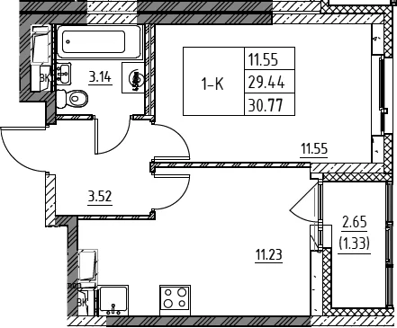 Планировка: 1-комнатная квартира 29,4 м² в ЖК «Город-спутник Южный»
