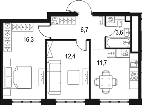 Планировка: 2-комнатная квартира 50,7 м² в ЖК «Левел Южнопортовая»