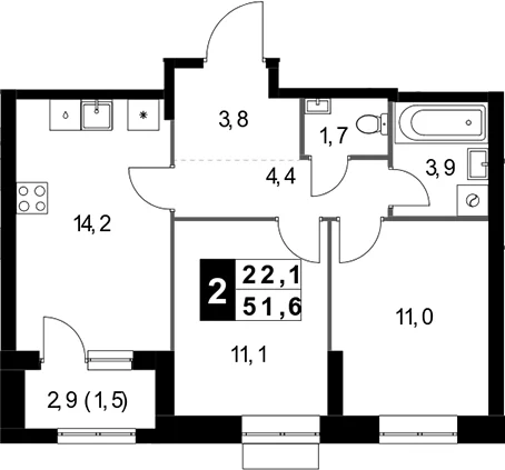 Планировка: 2-комнатная квартира 50,1 м² в ЖК «1-й Измайловский»