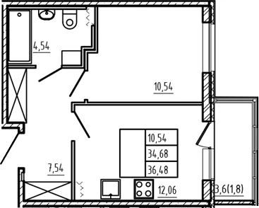 Планировка: 1-комнатная квартира 34,7 м² в ЖК «Новая история»