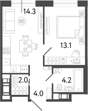 Планировка: 1-комнатная квартира 37,6 м² в ЖК «Передвижники 2»