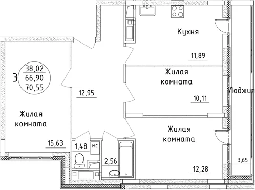 Планировка: 3-комнатная квартира 66,9 м² в ЖК «Дом Союзов»