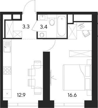 Планировка: 1-комнатная квартира 36,2 м² в ЖК «Инди Тауэрз от Аквилон»