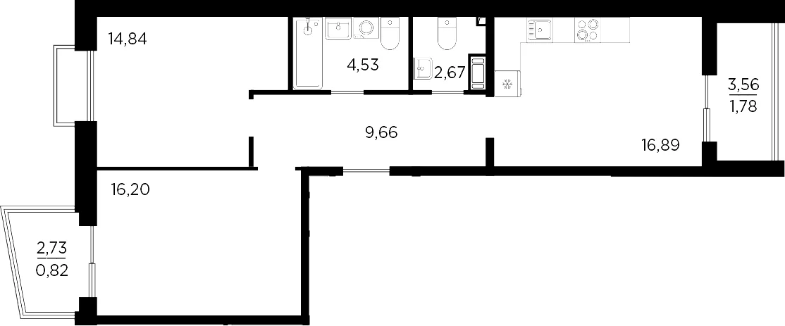Планировка: Евротрёшка 64,8 м² в ЖК «Респект»