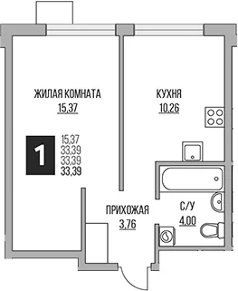 Планировка: Евродвушка 33,4 м² в ЖК «Гранель Притяжение Сити»
