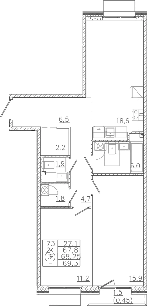 Планировка: Евротрёшка 67,8 м² в ЖК «Лисино»