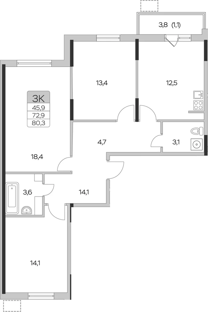 Планировка: 3-комнатная квартира 79,2 м² в ЖК «Пироговская ривьера»