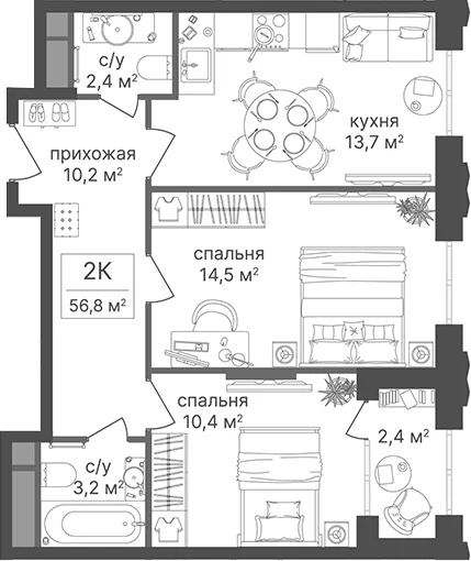 Планировка: 2-комнатная квартира 54,4 м² в ЖК «Гостиничный комплекс Варшавские ворота»