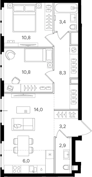 Планировка: Евротрёшка 59,4 м² в ЖК «НАЗАРЕ»