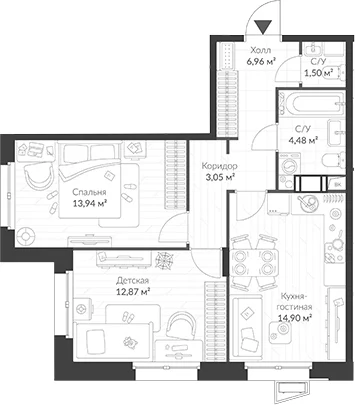 Планировка: 2-комнатная квартира 57,7 м² в ЖК «ВЕРЕН НОРТ Cертолово»