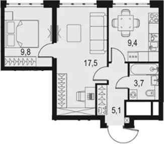 Планировка: 2-комнатная квартира 45,5 м² в ЖК «Левел Южнопортовая»
