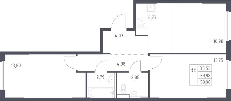 Планировка: Евротрёшка 60 м² в ЖК «Пригород Лесное»