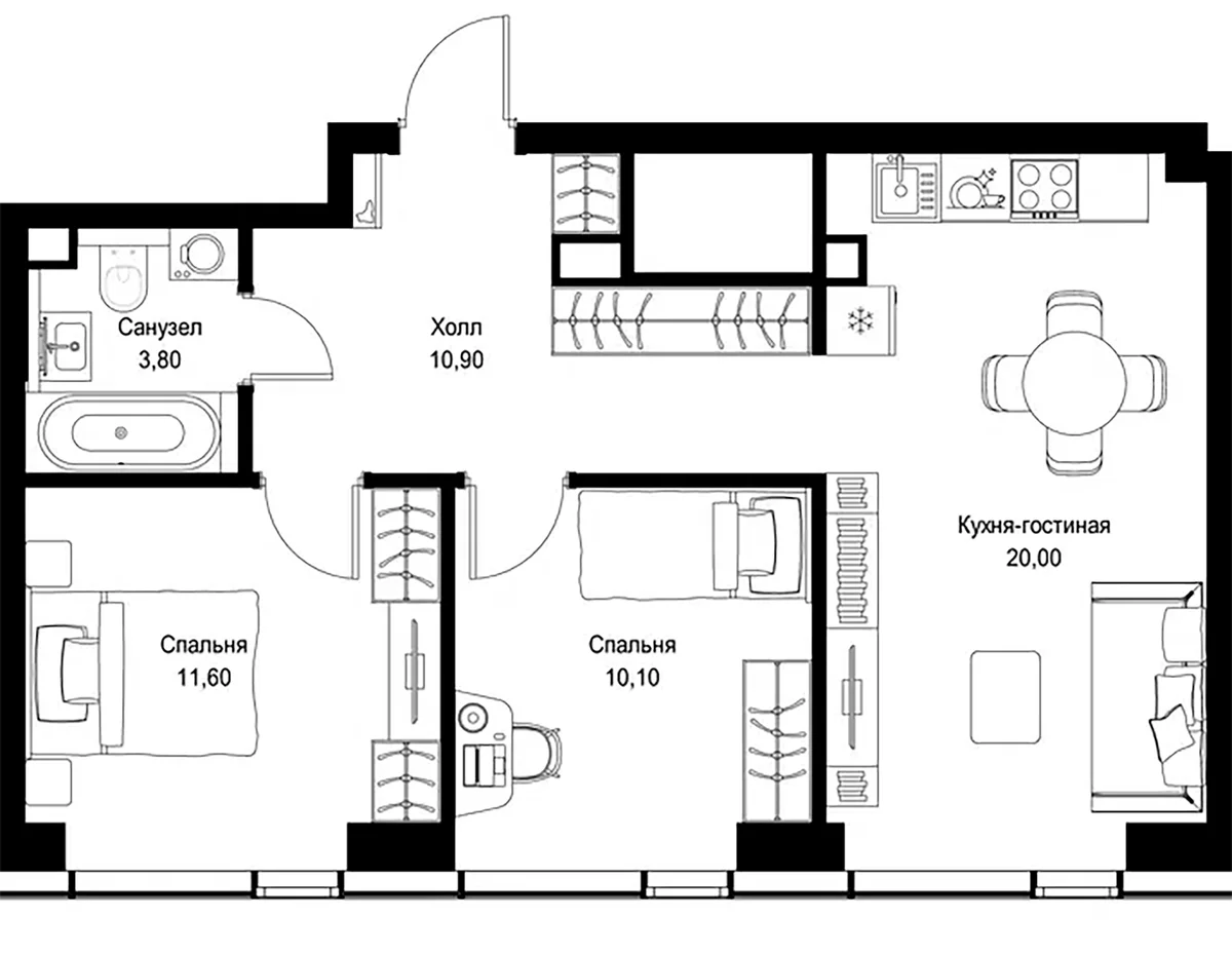 Планировка: Евротрёшка 56,4 м² в ЖК «СИТИДЗЕН»